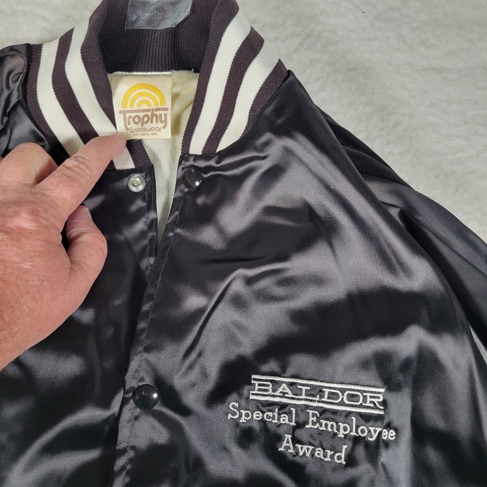 Trophy Sportswear Varsity Jacket Mens XL Black Satin Baldor Employee Award
